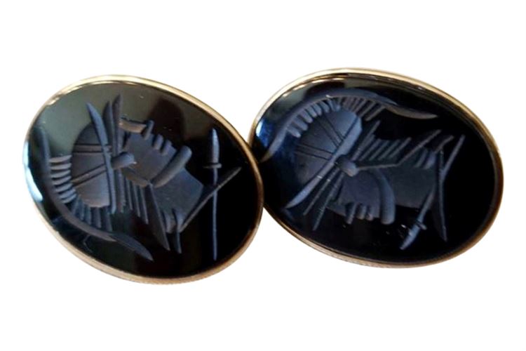 Pair of Italian Roman Warrior Intaglio Black Onyx Earrings Mounted on 14K Gold