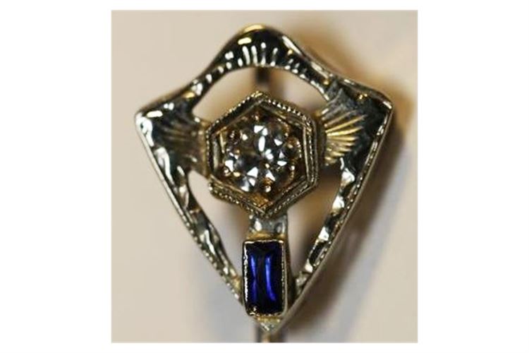 14K White Gold Art Deco Diamond & Sapphire Stick Pin