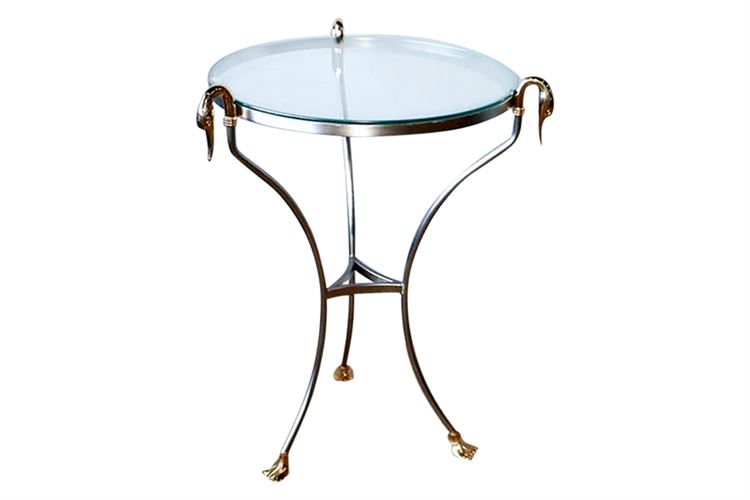 Steel & Brass Gueridon Glasstop Table, Tass Swan Head & Feet