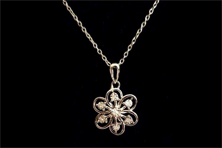 Diamond Flower Sterling Silver Pendant & Necklace