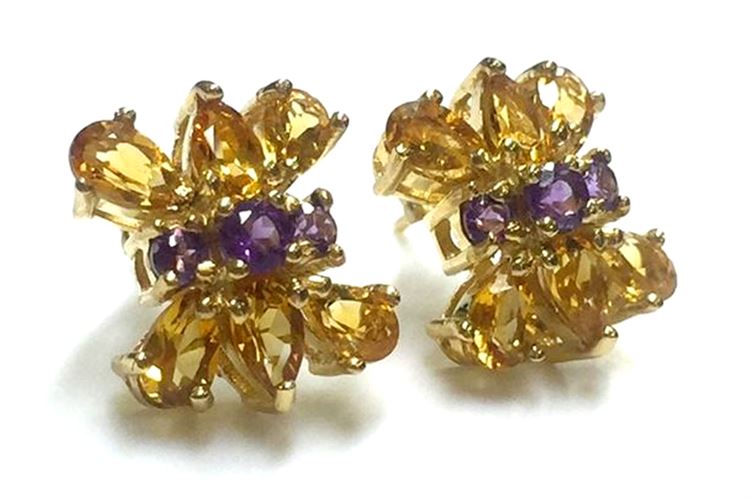 14K Yellow Gold Citrine & Amethyst Earrings