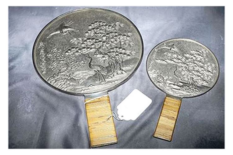 Pair Antique Japanese Silver Plated Bronze Hand Mirrors