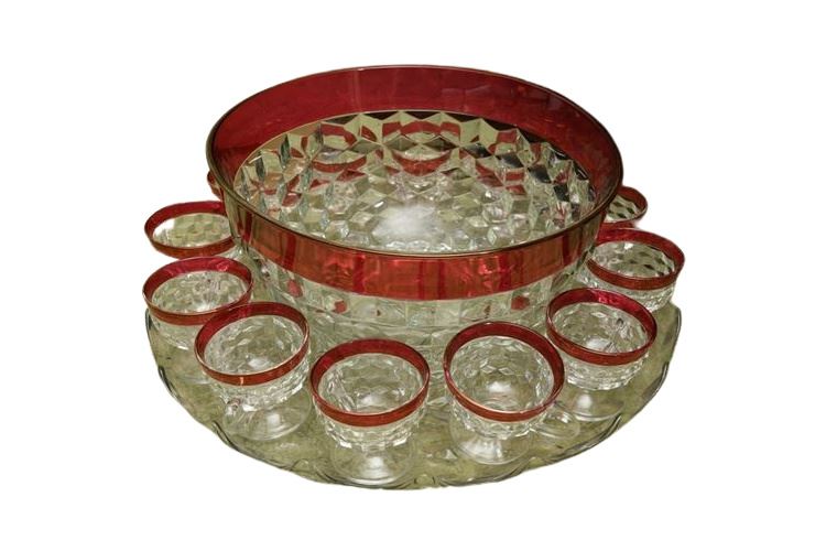 Large Punchbowl and Cups with Cranberry Flashed Rims