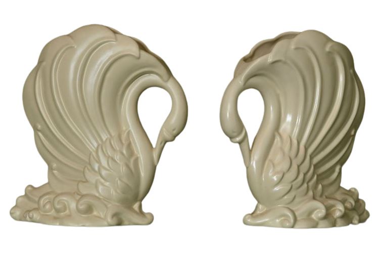 Pair Of Swan Form Vases By Haeger Pottery