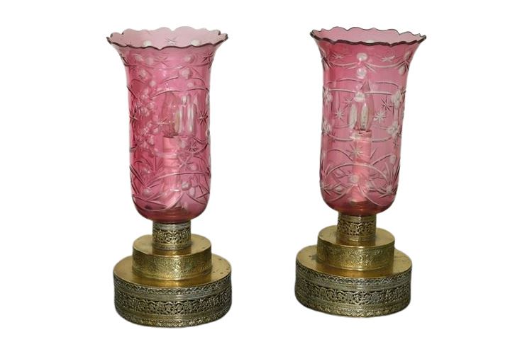 Pair Vintage Lamps With Cranberry Flash Decorated Shades