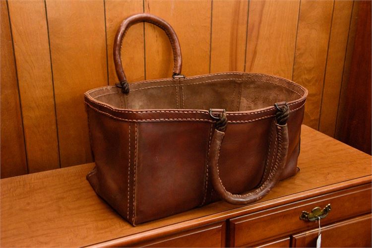 Large Vintage Wood Tote Leather Bag