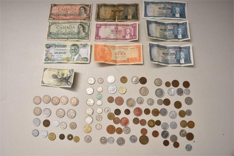 Group Lot Of Foreign Currency and Coins