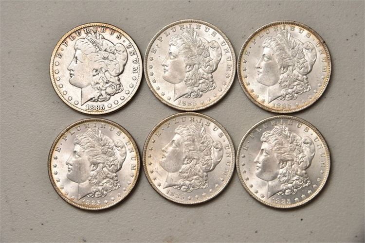Six (6) 1885 Liberty Head Silver Dollars