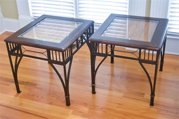 Pair Of Metal Glass and Wood End Tables