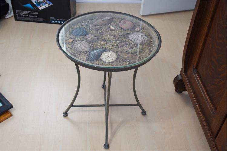 Metal Glass top Stand with inset Seashell Motif