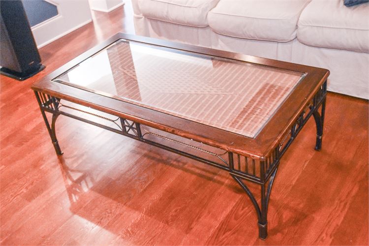 Wrought Iron Wood and Glass Coffee Table