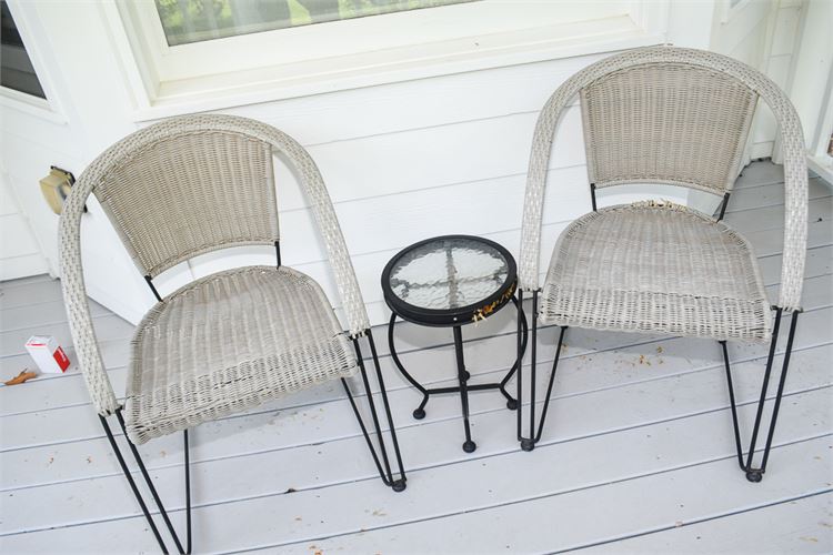 Two (2) Wicker and Metal Chairs With Table