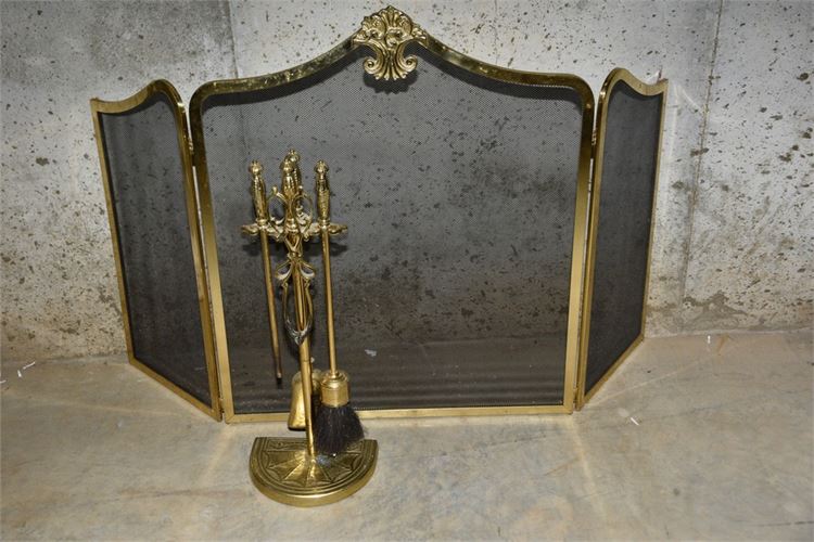 Brass Fireplace Tools and Fire Screen