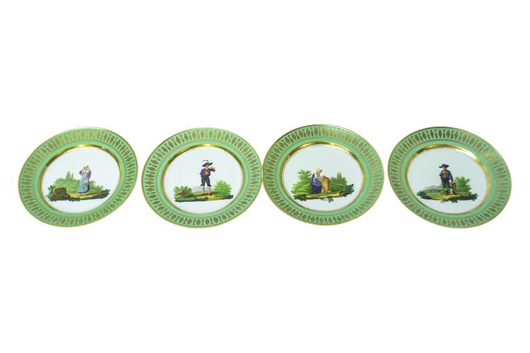 Four (4) DAGOTY Paris Ethnographic Green Ground Porcelain Plates