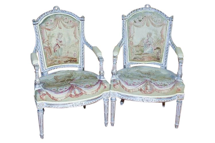 Pair of Tapestry Covered Louis XVI Style Fauteuils