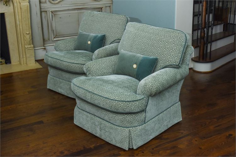 Pair Quality Upholstered Club Chairs with Throw Pillows