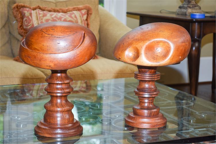 Two (2) Antique Wooden Hat Forms on Later Stands
