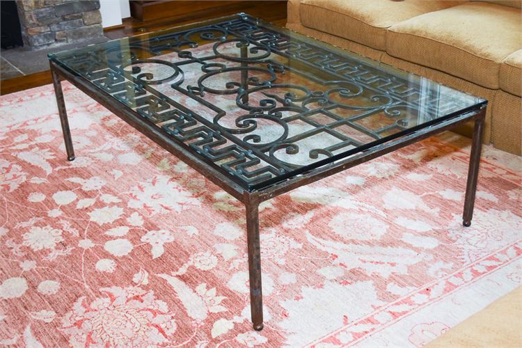 Antique Wrought Iron Scroll Work Mounted as Glass Top Coffee Table