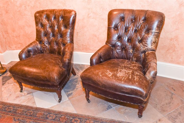 Pair Leather Tufted Back Club Chairs