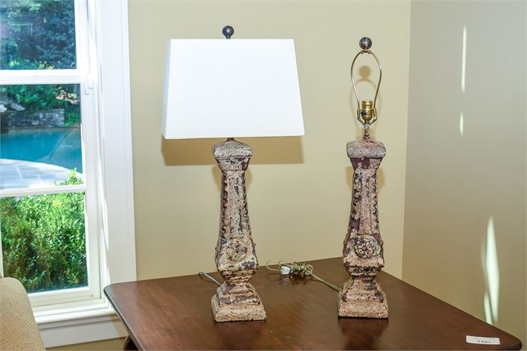 Pair Composition Column Form Lamps with Shades