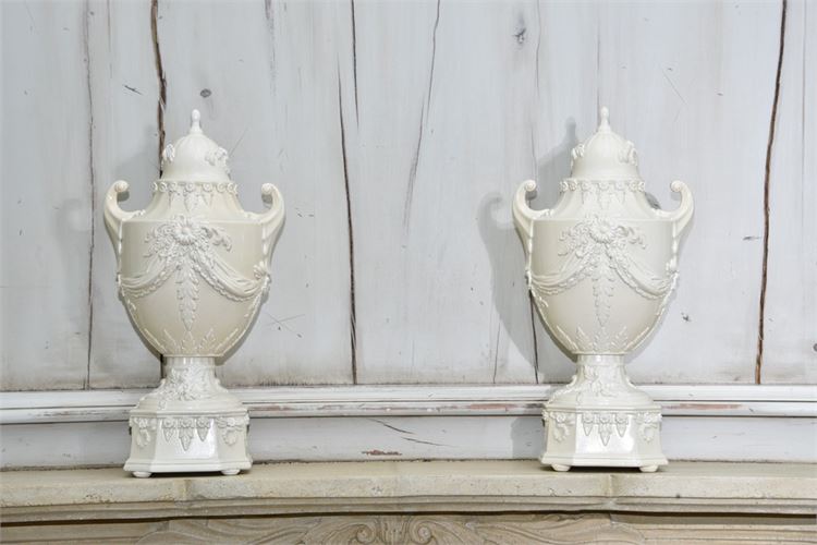 Pair English Staffordshire  Creamware Covered Urns