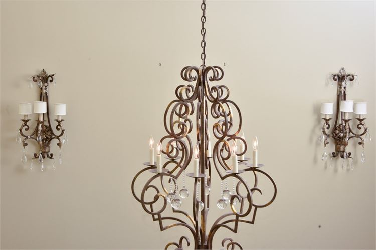 Pair of Wrought Iron Sconces and Matching Chandelier