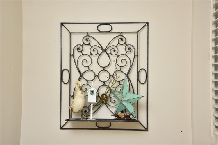 Scrolled Metal Wall Shelf and Decorative Items