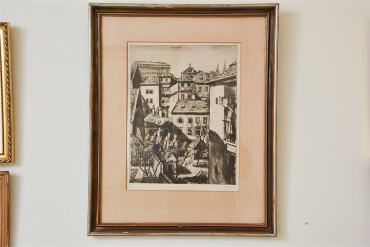 20thC. School, Woodcut of Town Scene