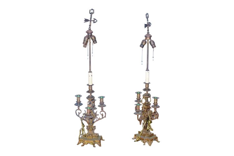 Pair of Renaissance Revival Gilt Metal Candelabra Lamps