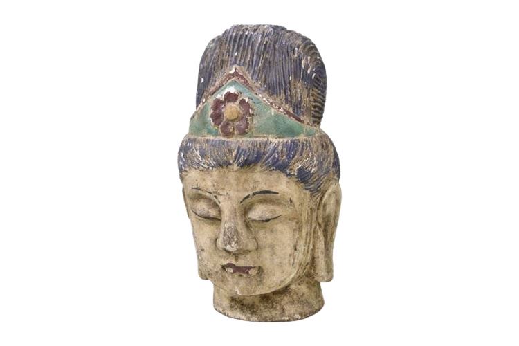 Large 20th Carved Wood Buddha Head