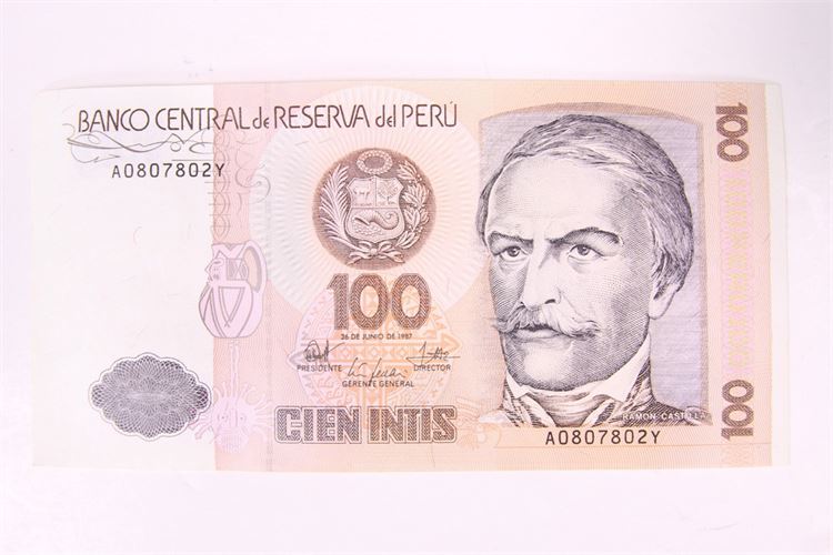 Group of Peru 1987 100 Intis Notes