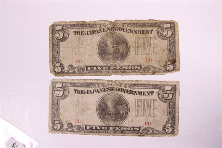 Two 1943 Japanese Philippines Five-Peso Notes
