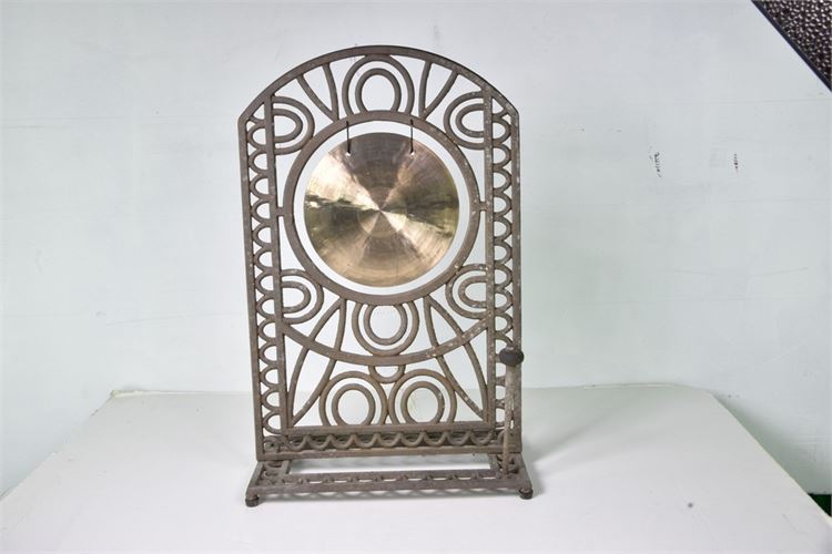 Art Deco Style Cast brass Dinner Gong in iron stand