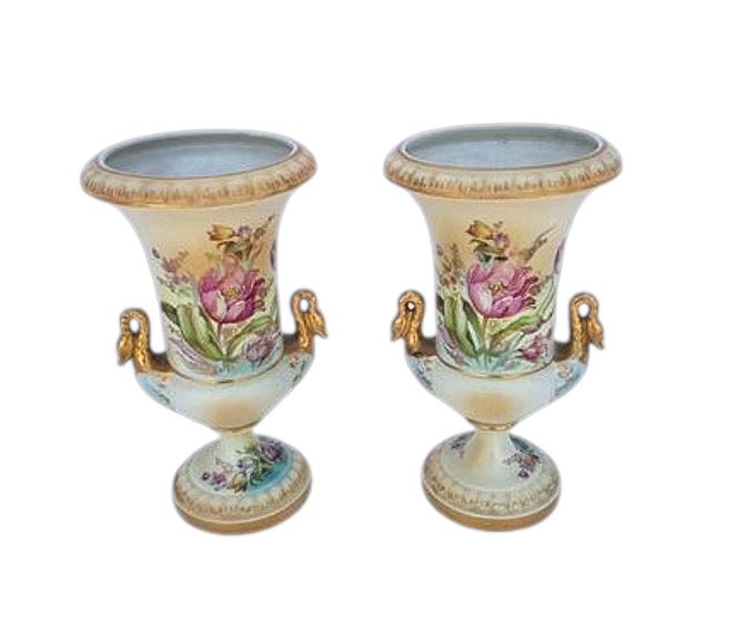 Pair of Sevres Style Urns with Gilt Swan Arms