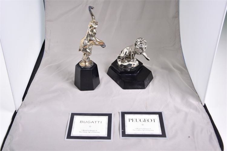 Two PEUGOT & BUGATTI, Automotive Hood Ornament Sculptures