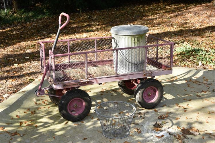 Northern Tool rolling yard cart with wire pail and small galvanizized trash can
