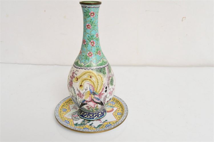 Vintage Chinese Cloisonne Vase and Dish