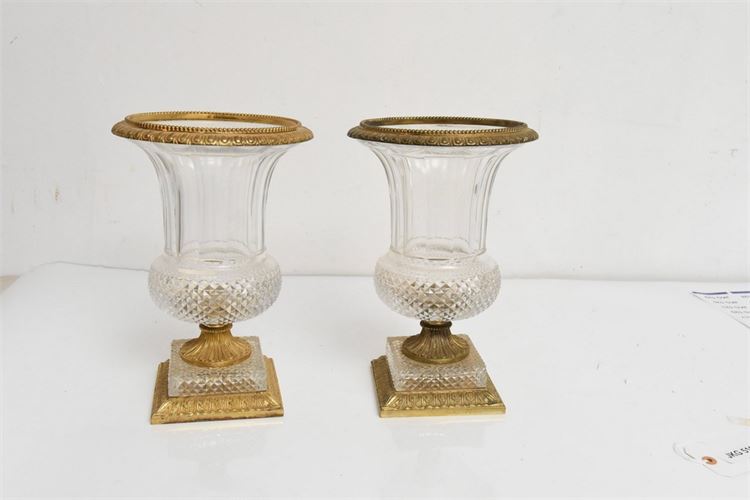 Pair Cut Glass & Bronze Campana Shaped Urns