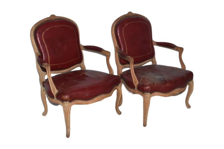 Pair of Leather Covered Louis XV Style Fauteuils