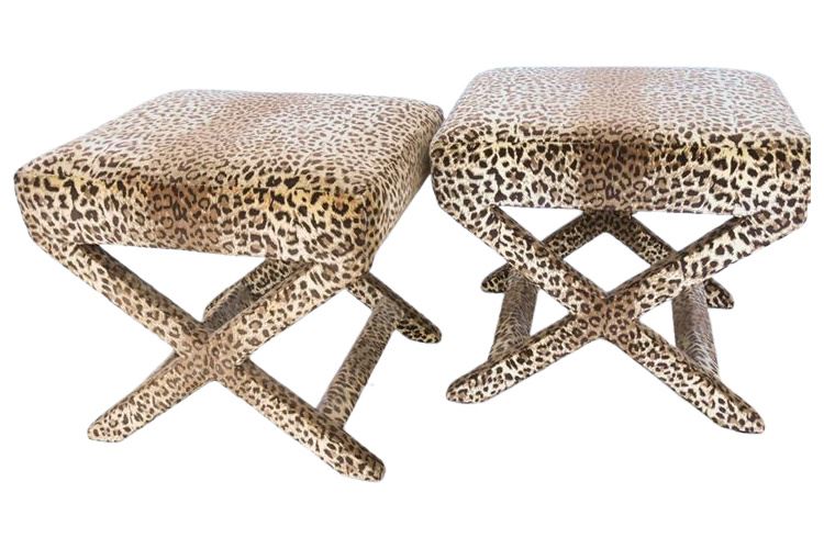 Pair MidCentury Modern X Benches in Leopard Print