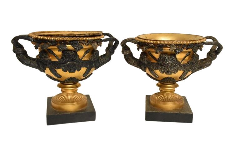 Pair Vintage WARWICK VASES in Gilt & Patinated Bronze