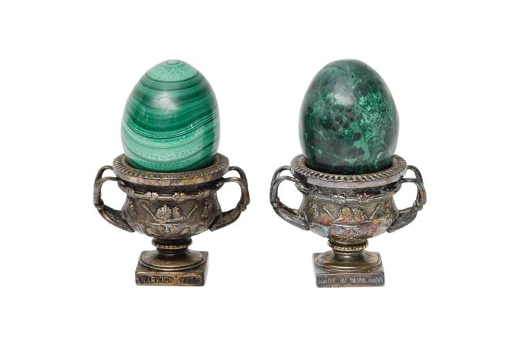 Pair of Diminutive WARWICK URNS in Silver Plate with Malachite Eggs