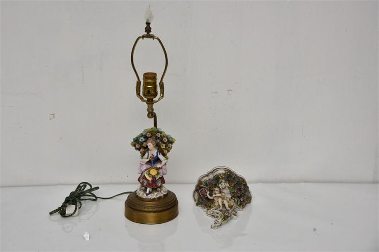 German Porcelain Figural Wall Bracket and Lamp