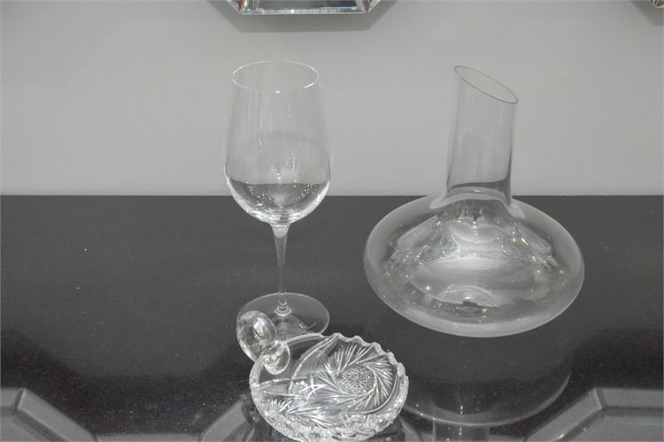 Luigi Bormioli Wine Glass and Orrefors Decanter with Cut Glass Dish