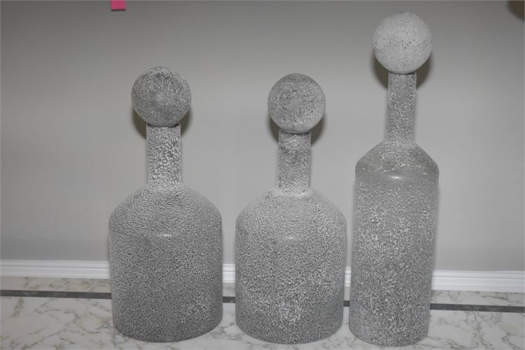 Three Frosted Cylinder Form Glass Bottles with Ball Form Stoppers