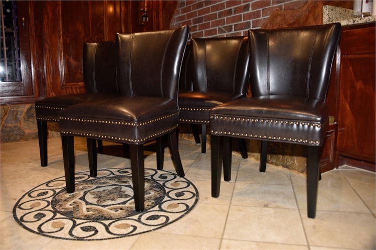 Set of Four Leather Upholstered Chairs with Tack Trim