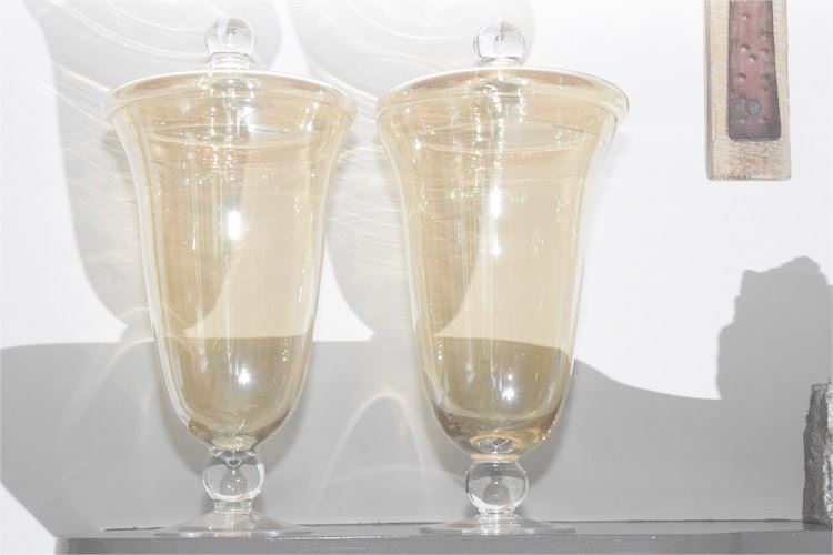 Two (2) Large Lidded Amber Tone Glass Vases