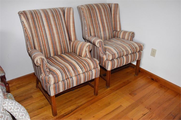 Pair Of Striped Upholstered  Fireside Chairs