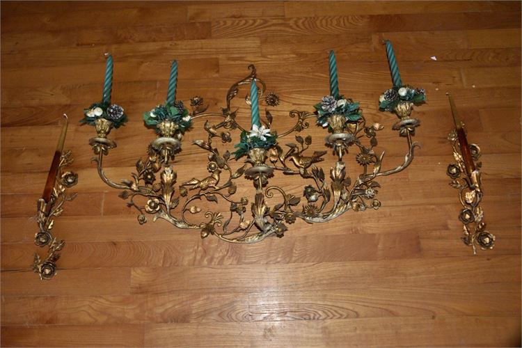 Three Piece (3) Gilt Wrought Iron Wall Sconce Set