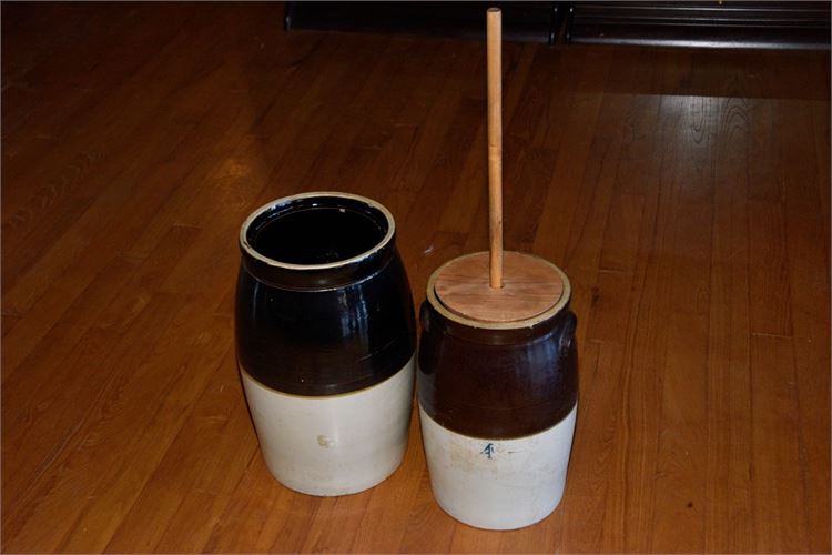 Two (2) Stoneware Crocks one with Wooden Churn